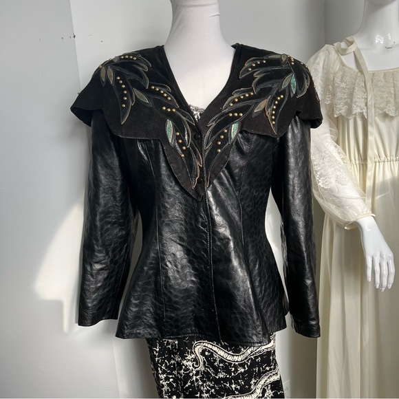 Vintage Genuine Leather Western Jacket Embellished Studded Yoke L - Picture 3 of 9